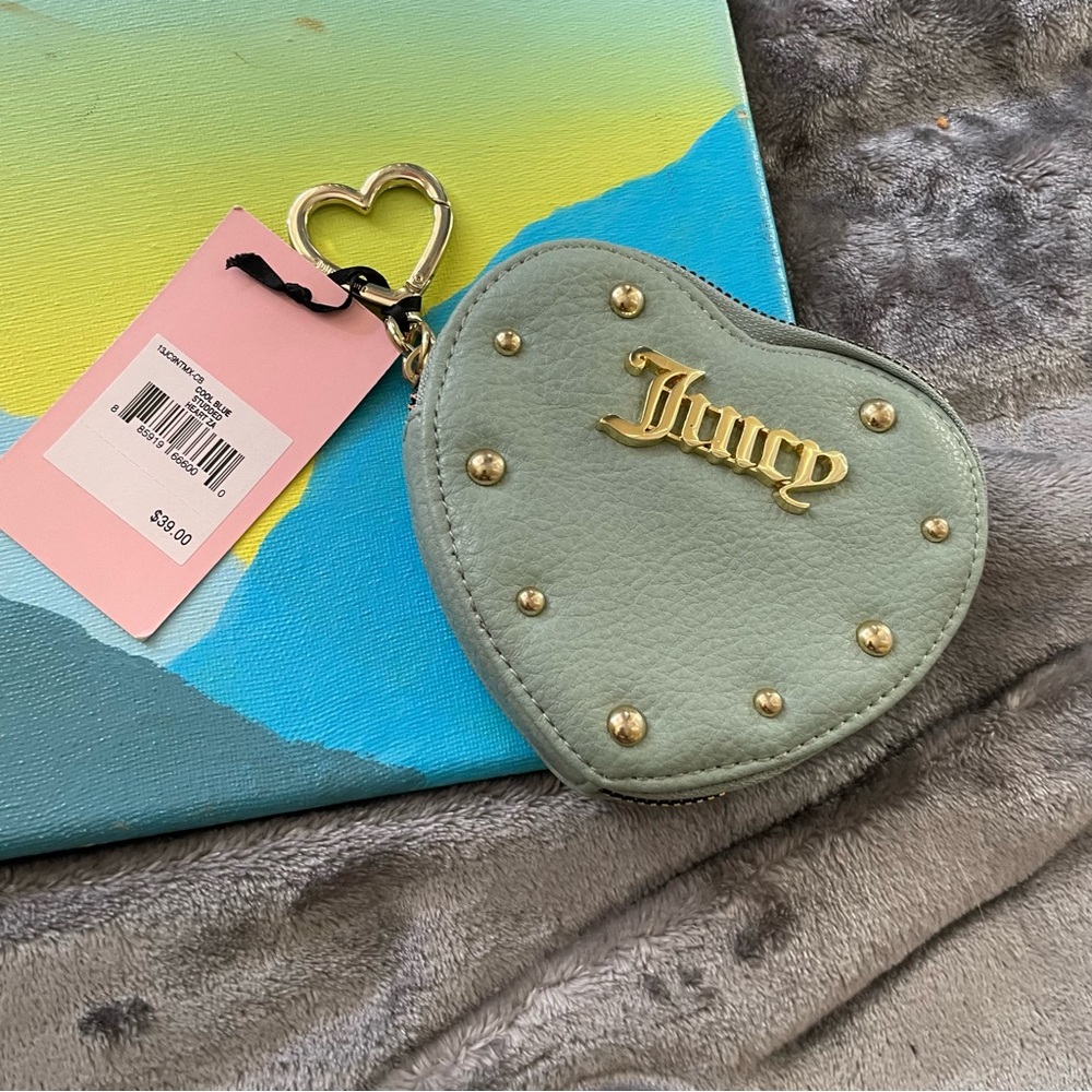 NWT Juicy Couture Heart Shape Embellished Logo Zip Coin Purse Keychain Cool Blue